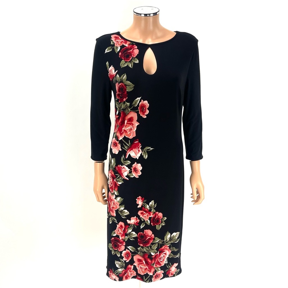 WHITE HOUSE BLACK MARKET Sheath Dress SIZE MEDIUM Black Grenadine Roses WHBM NWT